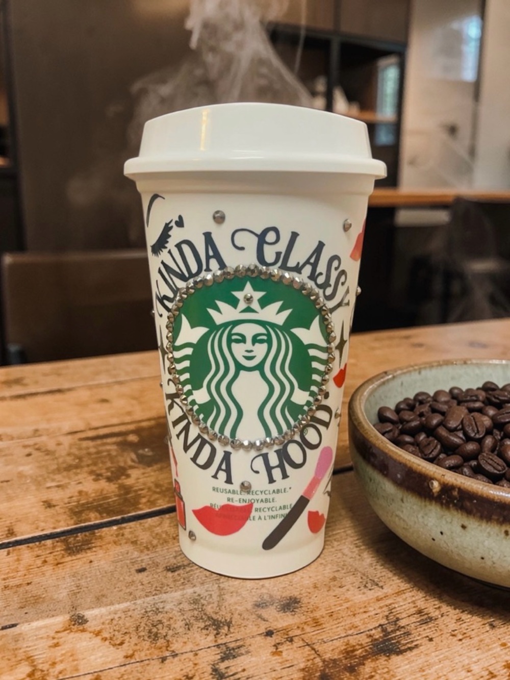 Starbucks White Reusable Cup with Green Siren and Rhinestone Accent